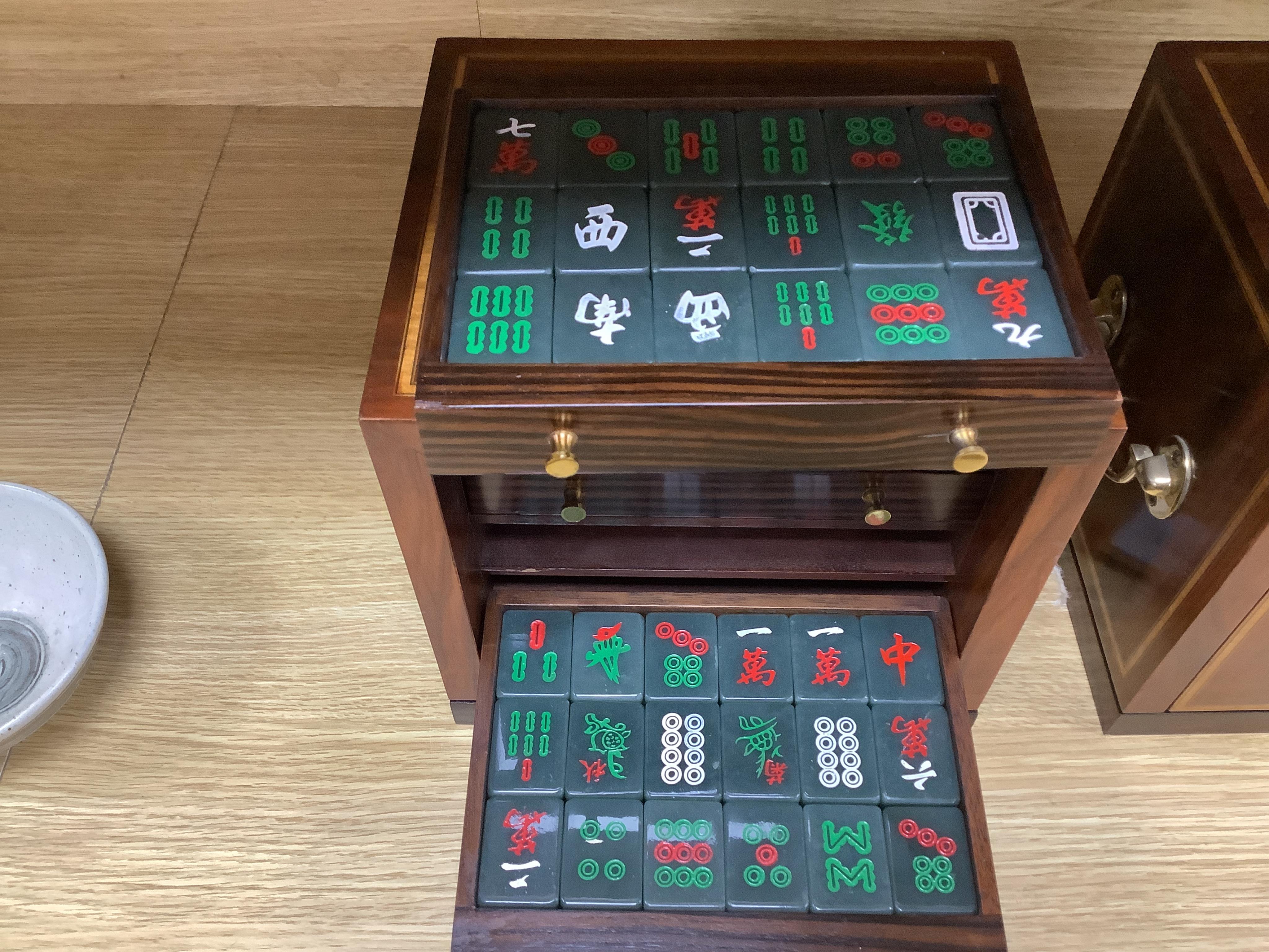 Two mahogany-cased hardstone mahjong sets, 22.5cm tall